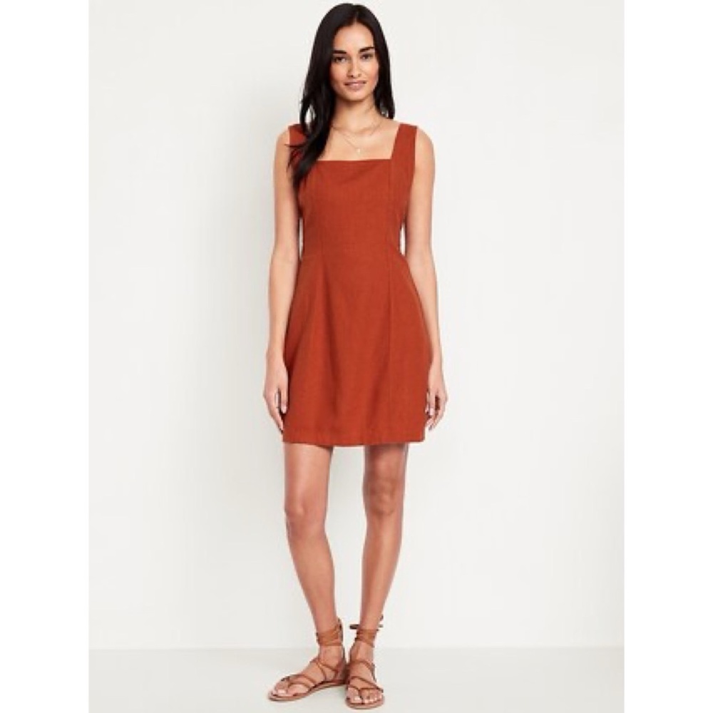 NWT Old Navy Square-Neck Linen-Blend Mini Dress in Bronzed Amber - size L Tall